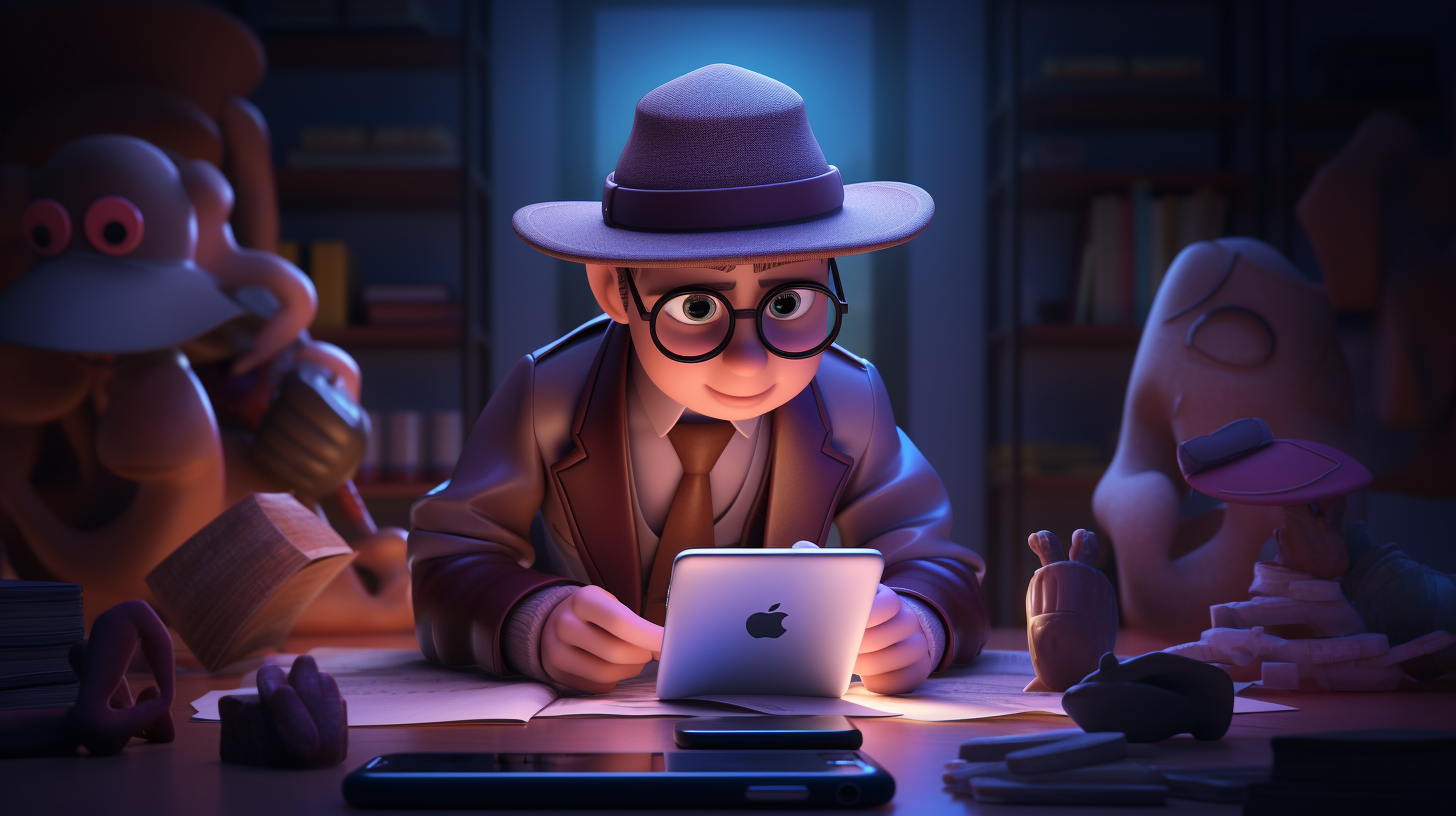 **pixar style depiction of a digital detective character investigating suspicious activities on a smartphone. The detective is examining apps and files for signs of malware, representing the process of recognizing virus symptoms like unexpected pop-ups and sluggish performance. --aspect 16:9** 