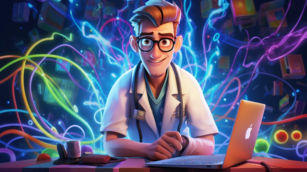 **pixar style illustration of a digital doctor character diagnosing a computer with a stethoscope, surrounded by bright colored data streams and error messages --aspect 16:9**