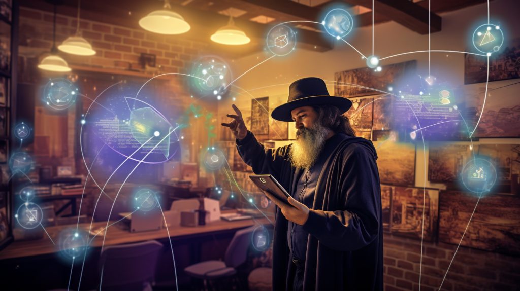 **pixar style image of a wizard using a magical map to strategically place Wi-Fi extenders in a labyrinthine office space, enhancing signal strength --aspect 16:9**